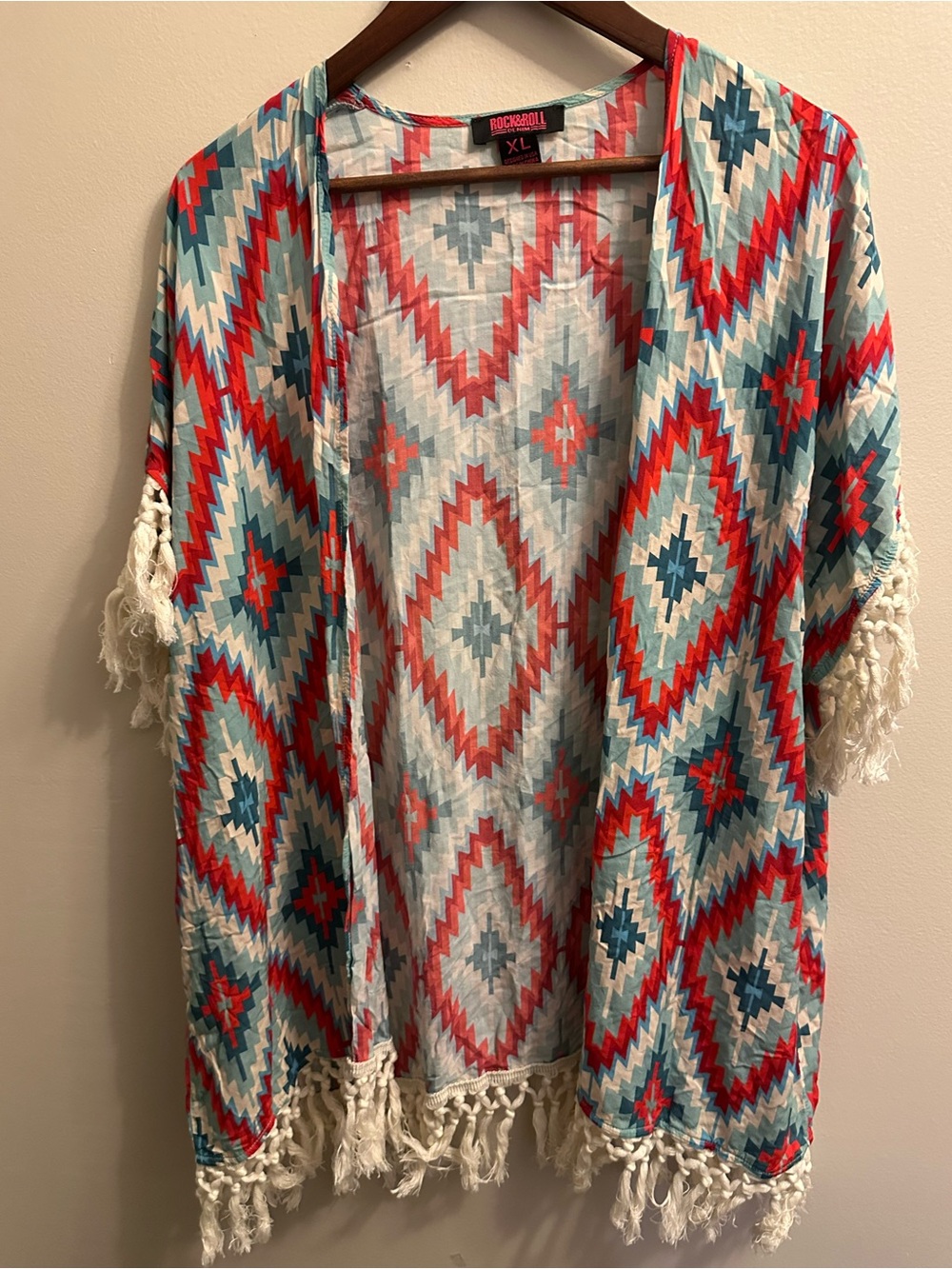 Rock & Roll Cowgirl Aztec Fringe Tunic in Red & Aqua